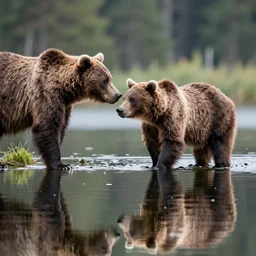 a brown bears sees it's reflection in the lake ( eos 5 ds r, iso 1 0 0, f / 8, 1 / 1 2 5, 8 4 mm, postprocessed, crisp bokeh )