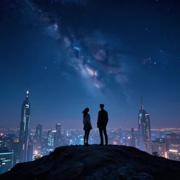 gorgeous sci fi imagery | landing spot | futuristic | girl standing on top of a hill against the background of a starry sky | futurism | modern couple | futuristic cityscape in the background | medium angle | by john berkey, greg rutkowski, james gurney