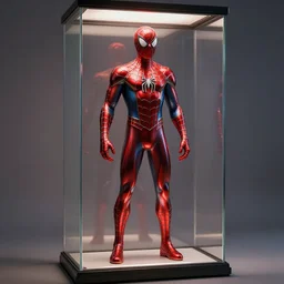 spider man suit on display in a glass case, red chrome, shiny, reflective, metallic, 3 d render, realistic, hdr, stan winston studios, dramatic lighting
