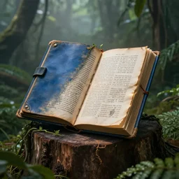 a ancient rustic blue leather bound tome, standing open on a wooden stump in a jungle, pages showing their age, cryptic words and drawings visible, vines growing around, mystical lighting, fog, slight glow coming from inside the book