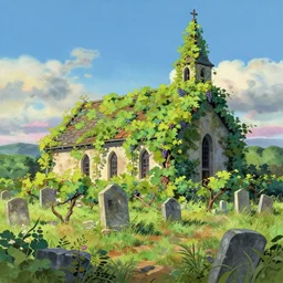 a traditional gouache painting of grapevine bushes, grapevine covered church, church reclaimed by nature, in the middle of old cemetery destroyed after hurricane with beautiful sky background, panorama, a matte painting by makoto shinkai, ghibli, deviantart, matte drawing, concept art, matte painting