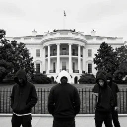 rap album cover, black and white photograph of hoodlums outside the white house