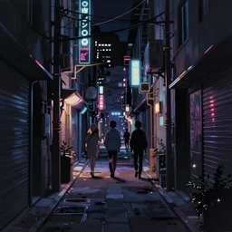 city alleyway in the atmospheric cyberpunk anime film, gouache matte background painting, neon noir, at night with lights, by makoto shinkai, in the anime series ergo proxy, beautiful specular edge highlights and rim lighting