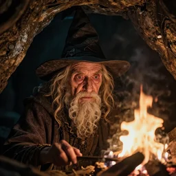 highly detailed face of old witch in a cave looking into a fire, golden smoke