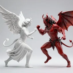 An angel fighting a demon over lost souls in the year 2132: 1, A beautiful angel by Dan Mumford and Alberto Vargas: 0.8, A terrifying demon by Josan Gonzalez and Gil Elvgren: 0.8, black border: 0.75, vibrant: 0.75, white: 0.5, orange: 0.5