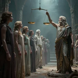 cinematic artwork long shot of souls lining up to be judged by a demigod in the afterlife, scales of justice, digital art