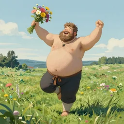 happy male chubby dark blond viking with short hair short hair dancing around in meadow holding a bunch of flowers in the style of rutkowski