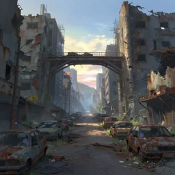 the street of a post - apocalyptic destroyed ruined rusted city at dawn, cars, bridge, a fantasy digital painting by makoto shinkai, trending on artstation, highly detailed