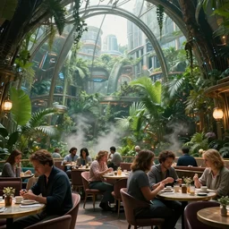 movie still frame, a crowded cafe inside a luxurious futuristic city dome in a lush jungle, beautiful composition, steam, 8 k, cgi, by ridley scott, james cameron, zack snyder and michael bay