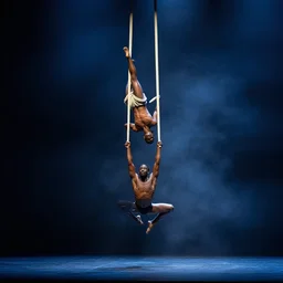 a shakespeare stage play, dark blue mist, atmospheric, set design by Michel Crête, Aerial acrobatics design by André Simard, hyperrealistic, 4K, Baraka