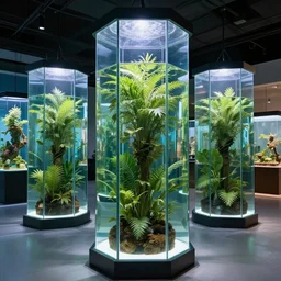 array of large upright glass hexagon aquariums