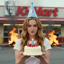 portrait photo still of anna kendrick holding a small cake, wearing a birthday hat, in front of a k - mart on fire, 8 k, 8 5 mm f 1. 8