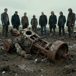 movie still of stomped to pieces, macerated by age and rust, failed and alone, the machine, in muck pit, by liam sharp, virgil finlay, alberto bontempi, shigeru komatsuzaki, wayne d barlowe, alex ross, simon bisley & boris vallejo, enric torres, hyper realism, cinematical, narrative light, muted