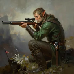 an elven sniper in the style of Frank Frazetta in the style of leonard boyarsky art trending on artstation deviantart Pinterest detailed realistic HD 8k High Resolution