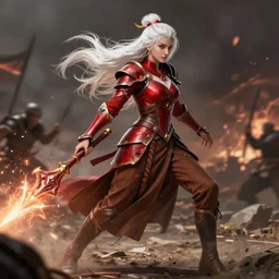 woman long white hair updo, damaged red armor top long sleeves with gold accents brown ribbon style corset brown long skirt cover legs, holding magical staff, shooting magic, middle of battle, full body, epic, d and d, cinematic, dynamic lighting, concept art, rich color, bioware, dragon age character wynne, by greg rutkowski