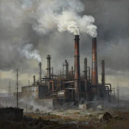 a painting of a factory with smoke pouring out of it, a detailed matte painting by jonas de ro, cgsociety, nuclear art, dystopian art, apocalypse art, apocalypse landscape