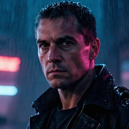Terminator close up film still from Blade Runner 2049, beautiful lighting, raining, neon lights, cinematic depth, ultra sharp