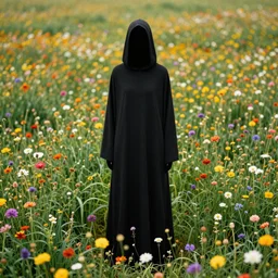 tall hooded shadow person figure standing in beautiful meadow of flowers, technicolor photo, grainy, high detail, high resolution
