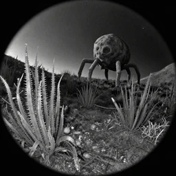 fisheye view of a trail cam on an alien planet, spiky and slimy plant life, a huge three legged beast in the background, black an white, infrared, 4k realistic, video noise