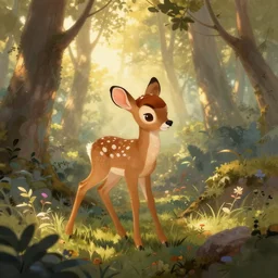 a beautiful digital painting of Bambi  in the forest, golden hour