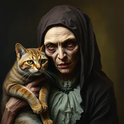 oilpainting 3 / 4 portrait of freaky scary ancient lady with her magic cat in style of michael hussar realistic and detailed sharp center focus dark 8 k