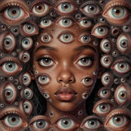 eyes!! a black girl with many eyes!, surreal art by colin christian and junji ito and anton semenov in a surreal portrait style, trypophobia! eyes, eyes everywhere, symmetry, eyes!, homicidal eyes, delicate and intricate, highly detailed, infinite intricacy