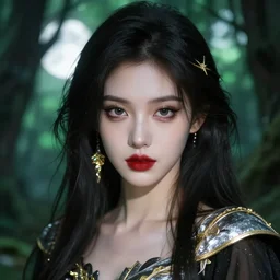 glowing silver and golden elements, full close-up portrait, young female model from deviantart as a dark witch, book cover, green forest, white moon, red lips, establishing shot, extremly high detail, photo-realistic, cinematic lighting, pen and ink, intricate line drawings, by Yoshitaka Amano, Ruan Jia, Kentaro Miura, Artgerm, post processed, concept art, artstation, matte painting, style by eddie, raphael lacoste, alex ross