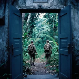 film still, extreme far view, 2 1 savage, jungle, vietnam door gunner, apocalypse now, associated press,, 2 6 mm, kodak ektachrome, blue tint expired film