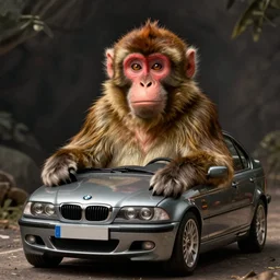 18th century portrait showing a macaque driving a BMW e46 vehicle