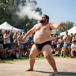 a dramatic photo from the annual extreme fat man dancing and farting competition.
