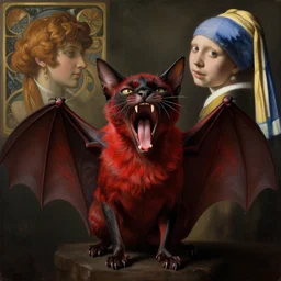 medium - shot, moody reddish hybrid bat!!! cat yawns wide, with fangs, symmetrical, cinematic lighting, highly detailed, digital art, oil painting, highly detailed, sharp focus, matte painting, masterpiece, renaissance painting, by kinkade, by alphonse mucha, by leyendecker, by vermeer,