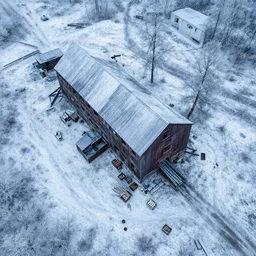 top down drone footage of post pocaliptic frostpunk landscape, old lumber mill and few trees remains, crates with wood and supply, beautiful icy area