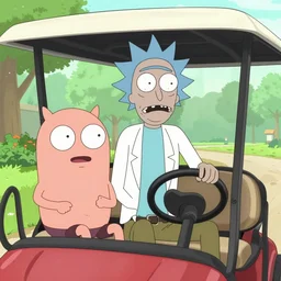 rick sanchez riding through park in golf cart with mordecai and rigby from regular show, photoreal, high detail