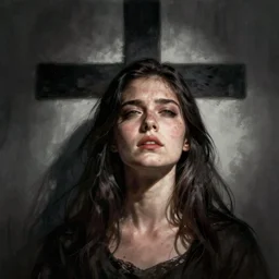 shadow of the cross, impudent facial expression of shameless woman,  trending on artstation, highly detailed, digital painting, volumetric light, concept art, sharp focus, illustration