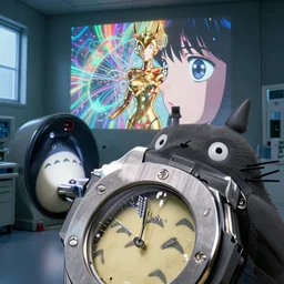 fuji 5 0 r, 3 5 mm ; hyperrealistic closeup hublot in totoro film still of mri lab interior with window view ; in the background projection of beautiful rainbow matrix film still of gold vporwave cyborg statue seinen manga scene, eye contact ; in style of 1 9 9 0 frontier in extreme closeup porcelain photography architectural studio edition, hyper detailed, cinematic lighting, 8 k