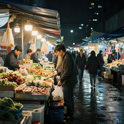 an asian wet market at night, by greg rutkowski, cinematic lighting