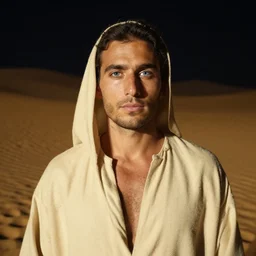 photograph of a man with olive skin, blue eyes, short dark hair, and freckles wearing a sandy desert nomad robe standing in a desert at night, photography, portrait, natural lighting, sunlight
