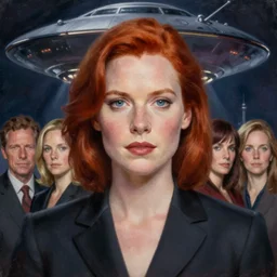 portrait of young gillian anderson as dana scully, from x - files ( 1 9 9 3 ), with red hair and blue eyes. ufo in background. beautiful, lithe, suit. oil painting by anne stokes, luis royo, karol bak, mandy jurgens and larry elmore, beautiful woman, detailed matte painting, realistic portrait, symmetrical, highly detailed, digital painting, artstation, concept art, smooth, sharp focus, illustration, cinematic lighting, 8 k resolution