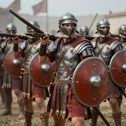 a legion of renaissance era roman soldiers, muskets drawn. with phalanx shields. fantasy. highly detailed. 8 k. 3 5 mm shot. photorealistic. trending on deviant art.