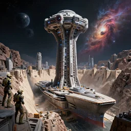highly detailed cinematic scifi render of a 3 d sculpt of a military cyberpunk john harris subway tunnel hoover dam'aircraft carrier tower'megalithic tower structure city in space, borg cube, beeple, halo, star wars, ilm, star citizen, halo, mass effect, high tech industrial, artstation unreal, dramatic powerful nebula, 4 k, 8 k, hd