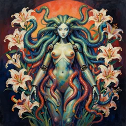 a beautiful painting lovely 3 d medusa robot, surrounding lilies by ukiyo - e award - winning art, andy warhol color, dramatic light, octane render