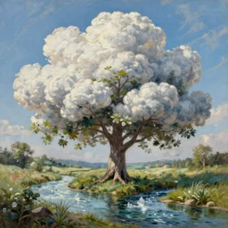 very realistic oil painting of a single tree made of clouds with lots of very very cloud shaped leaves, A beautiful, highly detailed, masterpiece, next to a small crystal clear river, oil painting by Greg Rutkowski.