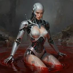 A beautiful detailed whole body portrait painting of Dolores Abernathy bathing in blood, robot revolution, apocalypse, highly detailed, digital painting, artstation, cgscoiety, cinematic, intricate, smooth, sharp focus, illustration, Unreal Engine 5, concept art, 8K, art by Westworld and Esao Andrews.