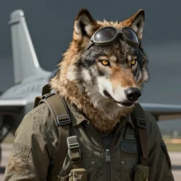 A wolf as a fighter pilot, digital art