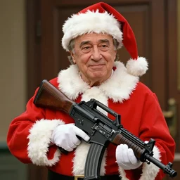 cinematic shot of Danny Devito dressed as santa claus holding a LMG, 8k, very intricate, very detailed,