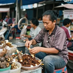gambar yang sangat realistis difoto oleh andreas darwis triadi, berjudul'senyuman seorang wanita pedagang mengunyah kunir di malioboro'