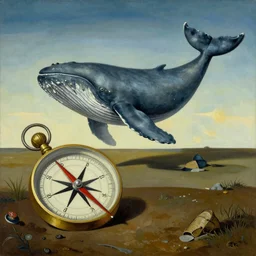 a surreal painting of A melting compass and a whale, in the style of Salvardor Dali