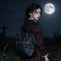 a beautiful marmoset toolbag render of a daughter of the night with red eyes and long, black, braided hair. nighttime, fullmoon, low light. strong keylight. vampiric, highly detailed, sharpness. victorian dress. canon eos ef 5 0 mm.