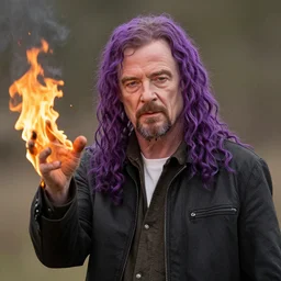 walter white with long purple curly hair, dye, caught fire