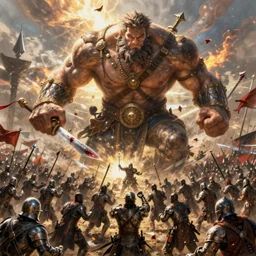 thousands of warriors battling, epic war scene on battlefield, ultra realistic illustration, hulking herculean gigachad, bloody weapons, intricate, highly detailed, digital painting, artstation, radiant light, caustics, concept art, smooth, sharp focus, gaston bussiere, bayard wu, maxim verehin, greg rutkowski,